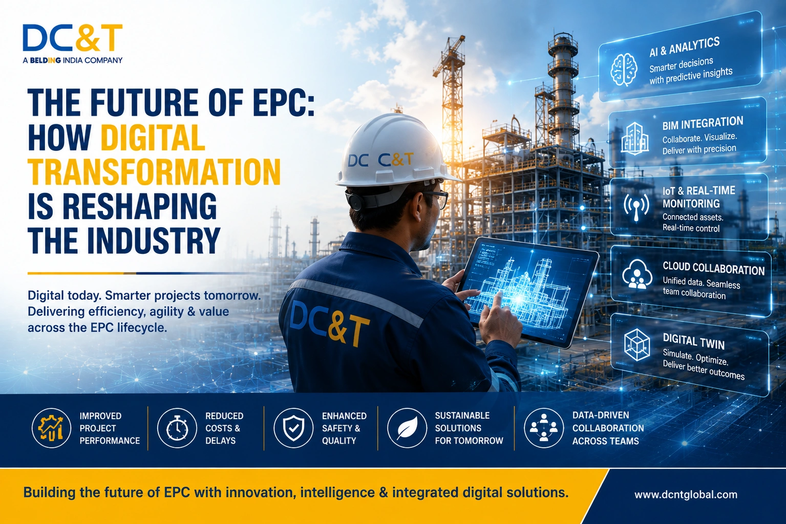DC&T Global EPC digital transformation featuring AI, BIM, IoT, cloud collaboration, and digital twin technologies for smarter project delivery.
