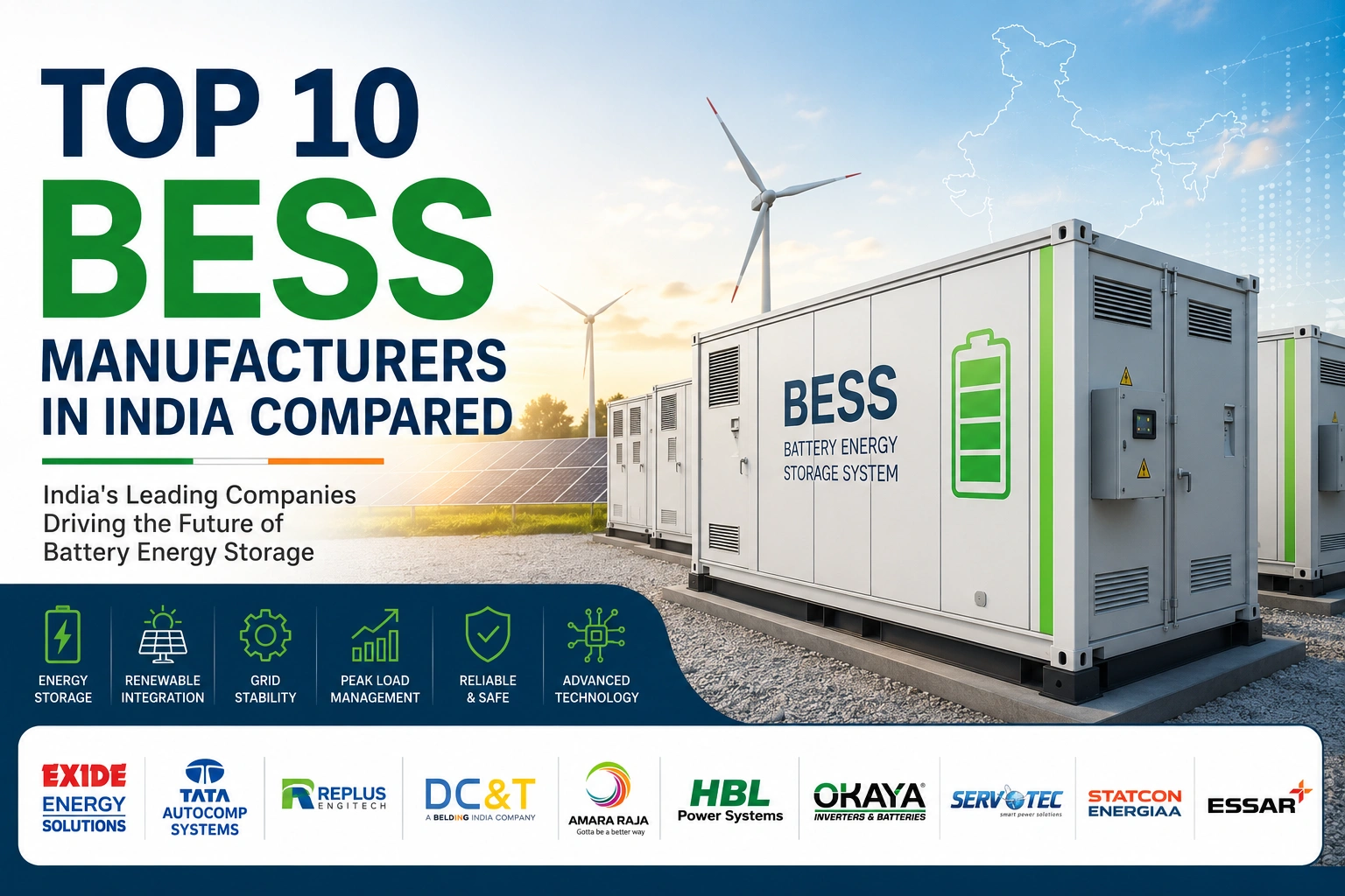 BESS featured image showing a large Battery Energy Storage System container installed alongside solar panels and wind turbines, with the headline “Top 10 BESS Manufacturers in India Compared” and logos of leading Indian energy storage companies, highlighting renewable energy integration, grid stability, and advanced battery technology.