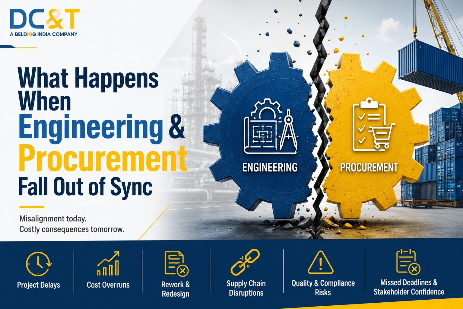 DC&T Global featured image showing engineering and procurement gears falling out of sync, highlighting project delays, cost overruns, rework, supply chain disruptions, quality risks, and missed deadlines.