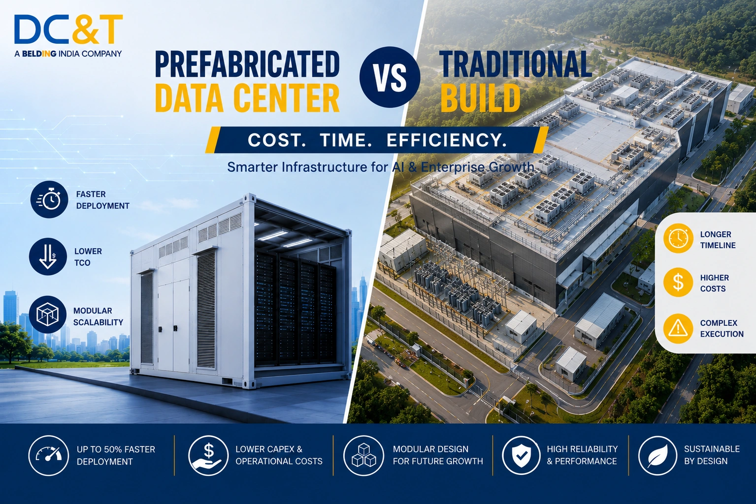 Prefabricated data center vs traditional build, comparing cost, deployment time, efficiency, scalability, reliability, and sustainability for AI and enterprise growth.