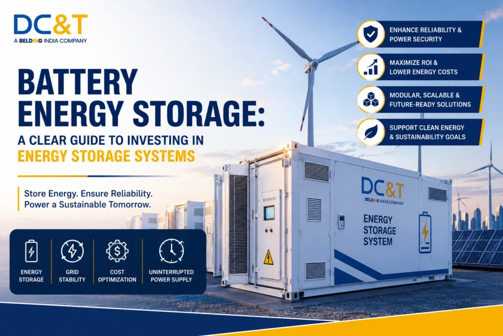 Battery Energy Storage System (BESS) with solar panels and wind turbines, highlighting reliable power supply, energy storage, cost optimization, and sustainable energy solutions by DC&T.