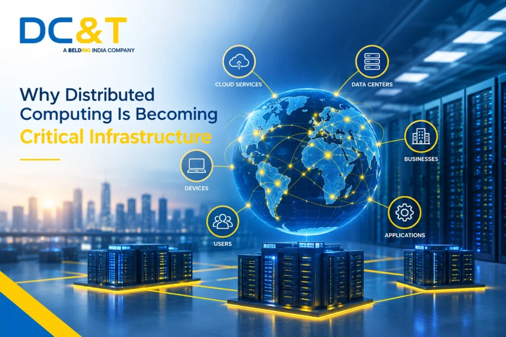 DC&T Global featured image showing distributed computing infrastructure with interconnected data centers, cloud services, devices, users, and applications, highlighted by a glowing networked globe in blue and yellow.