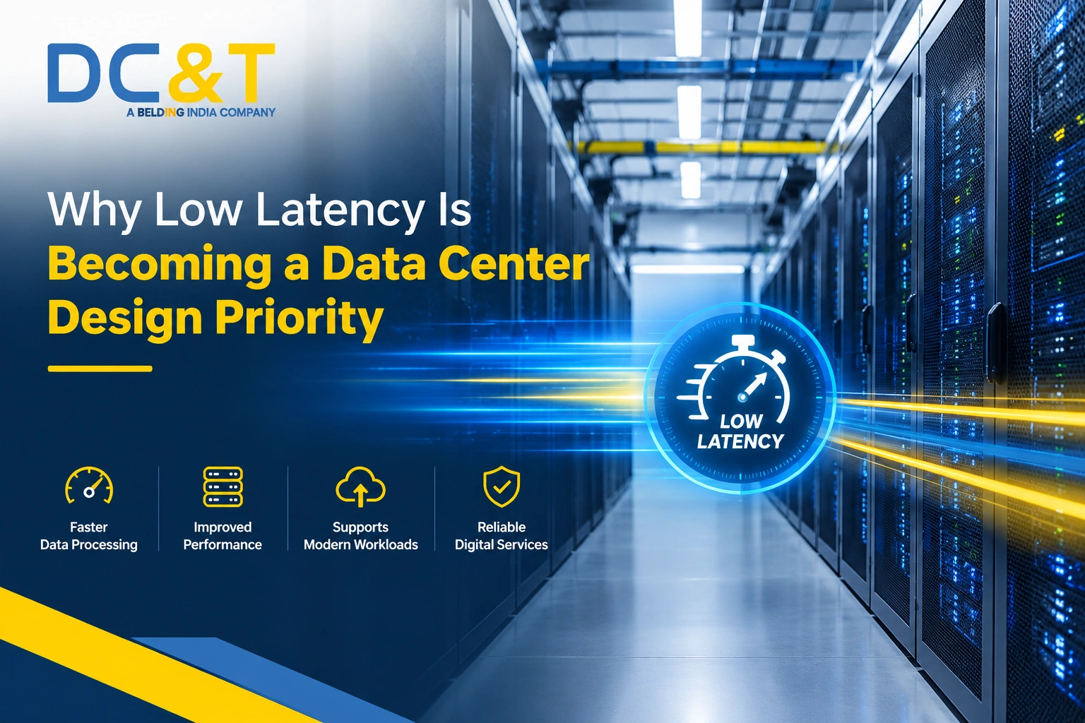 DC&T Global data center with low-latency design concept, showing high-performance server racks, fast data processing, and reliable digital infrastructure.