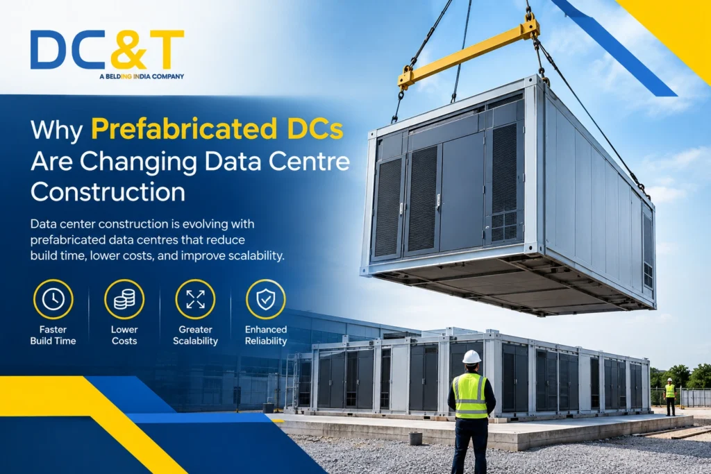 DC&T Global showcases prefabricated data centre modules at a construction site, highlighting how modern data centre construction reduces build time and costs while improving scalability and reliability.