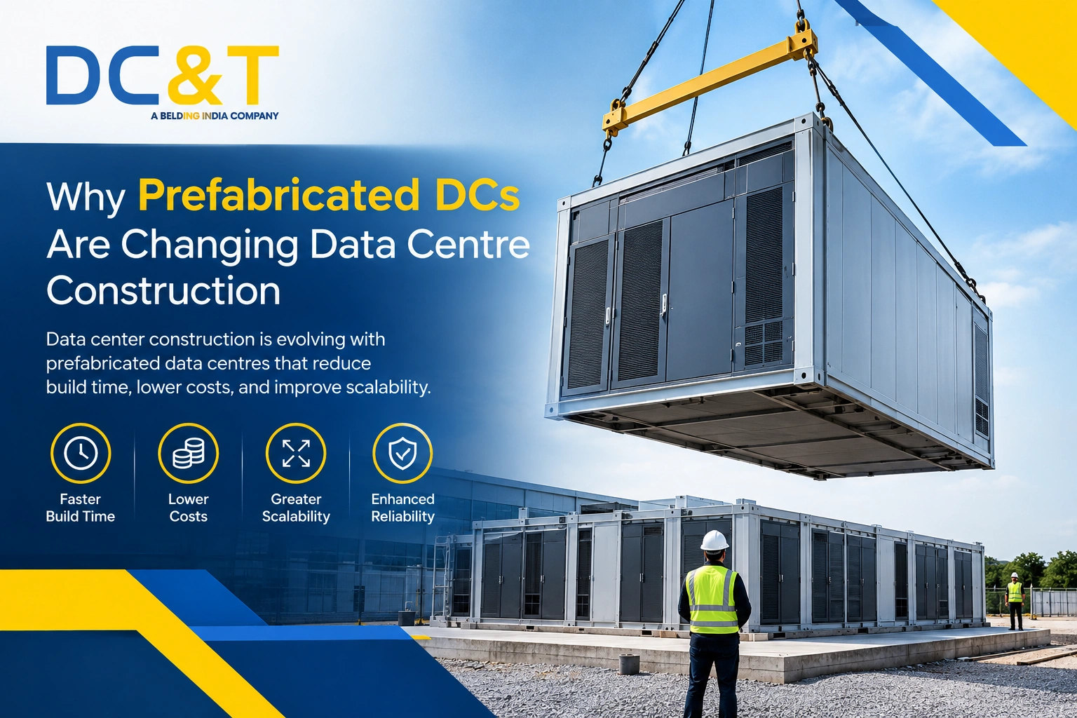 DC&T Global showcases prefabricated data centre modules at a construction site, highlighting how modern data centre construction reduces build time and costs while improving scalability and reliability.